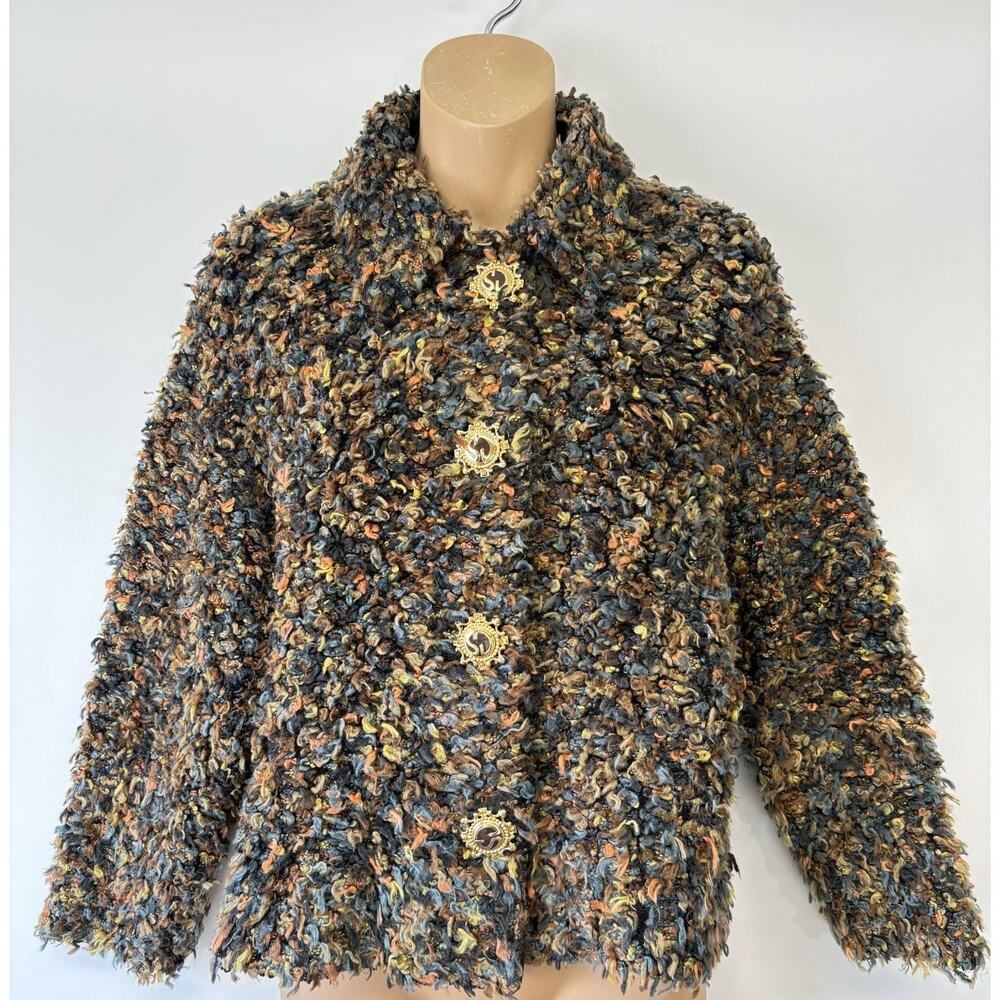 St. John Sz P Green Multicolor Logo Button Jacket Shaggy Blazer Collar Executive